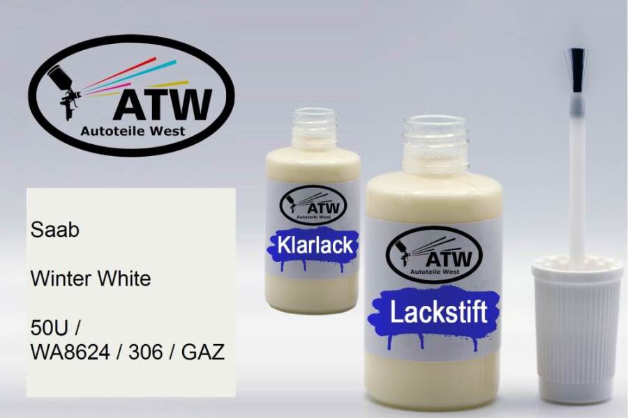 Saab, Winter White, 50U / WA8624 / 306 / GAZ: 20ml Lackstift + 20ml Klarlack - Set, von ATW Autoteile West.
